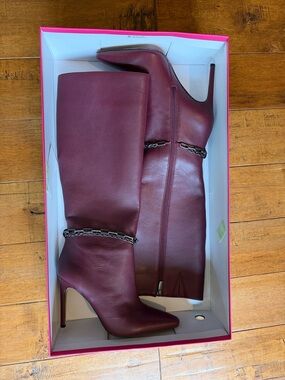 Vince Camuto Felinda Burgundy Knee-High Stiletto Boots with Chain Trim